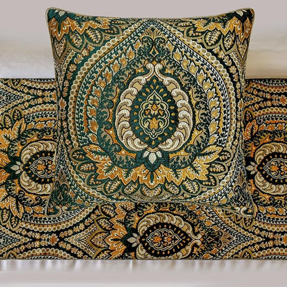 The HomeCentric King/Queen/Twin Green Designer King 90"x18" Bed Runner Without Pillow Cover, Damask, Tassels & Tapestry Bed Scarf on Jacquard Fabric - Damask Tapestry