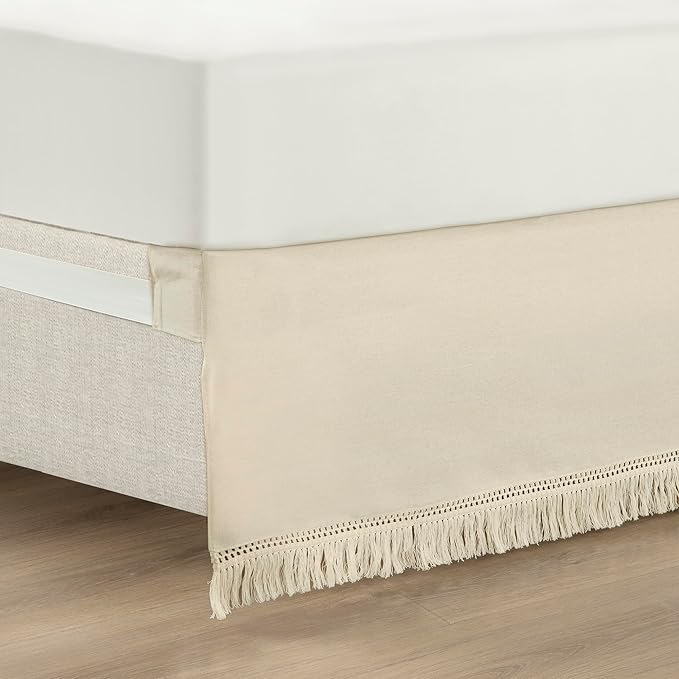 Lush Decor Boho Fringe 15-Inch Tailored Drop Easy Fit Bedskirt, Queen, Neutral