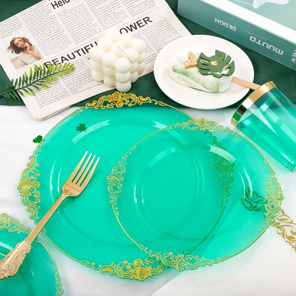 175 Pcs Clear Green Plates for Party | Elegant Disposable Dinnerware for 25