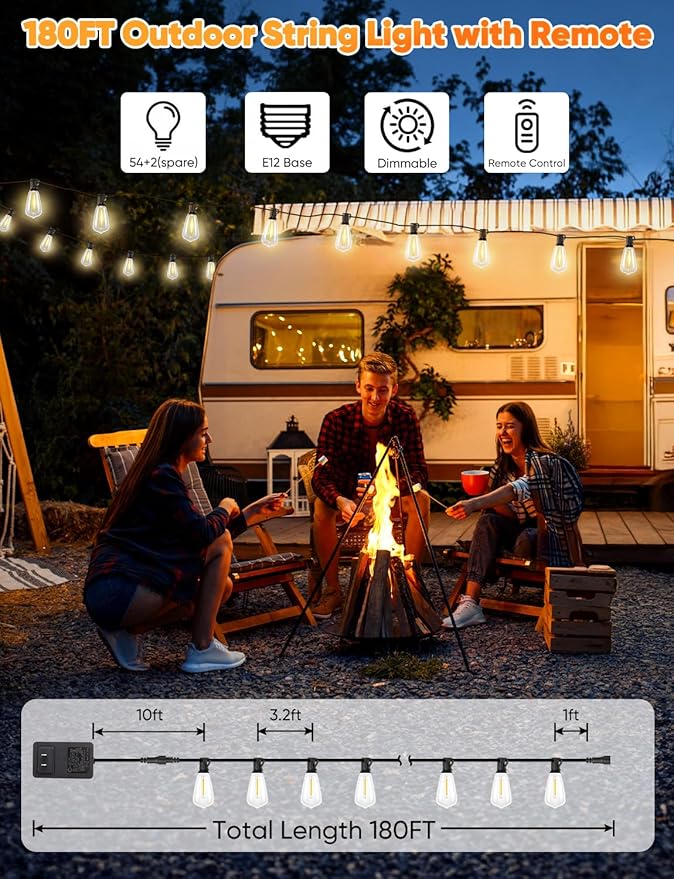 Brightever 180FT LED Outdoor String Lights, Dimmable Patio Lights