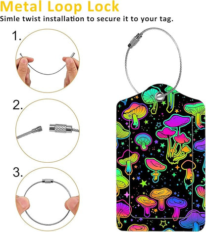 2 Pack Luggage Tags for Suitcases,Colorful Mushrooms Luggage Tag,PU Leather Id Label Luggage Tags with Stainless Steel Loop and Privacy Cover for Women Men Teens Travel