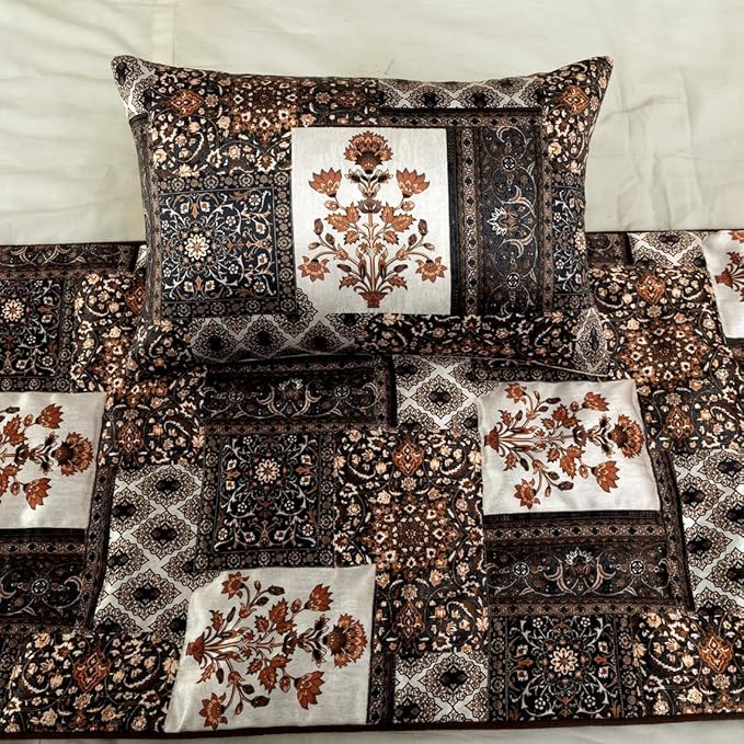 The HomeCentric King/Queen/Twin Brown Decorative King 90"x18" Bed Runner with 2 Pillow Cover Quilted Bed Scarf on Satin Fabric - Parisa