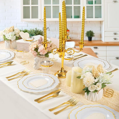 100 Pcs White & Gold Dessert Plastic Plates 7.5" Cake Disposable Plates | White