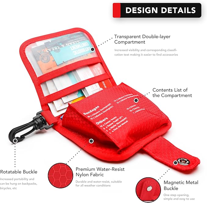 Small First Aid Kit, 100 Pieces Water-Resistant Well Organzied Pouch with Rotatable Buckle - Ideal for Outdoor, Travel, Biking, Camping, Hiking, Car (Red)