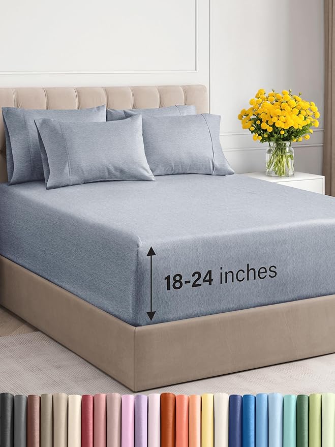 Extra Deep Full Sheet Set - 6 Piece Breathable and Cooling Sheets - Hotel Luxury Bed Sheets Set - Easy Fit - Soft, Wrinkle Free and Comfy Sheets Set - Heathered Blue Sheet Set with Extra Deep Pockets