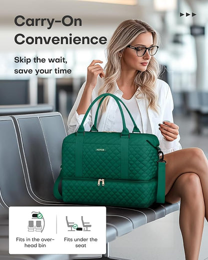 HOTOR Travel Duffel Bag - Weekender Bags for Women, Carry On Overnight Bag with Shoe Compartment, with Toiletry Bag for Travel Essentials and Travel Accessories, Dark Green, 13.4"×17.3"×7.9"