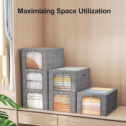 GoMaihe Clothes Storage Bins Metal Frame: 3-Pack Compact Stackable Closet Storage Bin with Lid & Clear Window, Space Saving Organizer for Sweaters Kids Clothes (Dorm/Closet 27L)