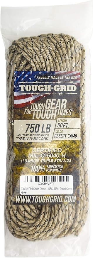 TOUGH-GRID 750 Paracord Rope Nylon Parachute Cord, Made in USA Survival Kit, Outdoor Adventures, Camping, Tactical Gear & Emergency Supplies, Military Type IV Mil-Spec