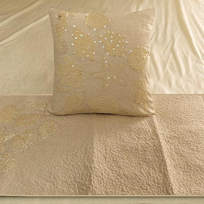 The HomeCentric King Queen Twin Beige Handmade King 90"x18" Bed Runner with 2 Pillow Cover, Pearl Embroidery Bed Scarf on Linen Fabric - Off to The Sea