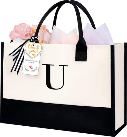 BAGAIL Initial Tote Bag, Personalized Birthday Gifts for Women, Teacher, Friends, Mom, Wedding, Monogrammed Beach Bag