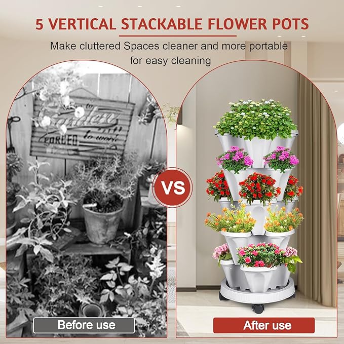 Vertical Strawberry Planter-5 Tier Stackable Herb Tower Planters Stacking
