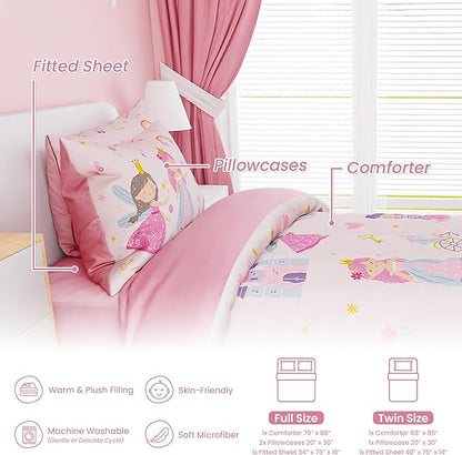 SANDJEST Princess Comforter Set Twin Size 68x86in for Kids Girls, Microfiber 3 Pcs Bedding Set Includes 1 Comforter, 1 Pillowcase, 1 Fitted Sheet, Nursery Room Decor