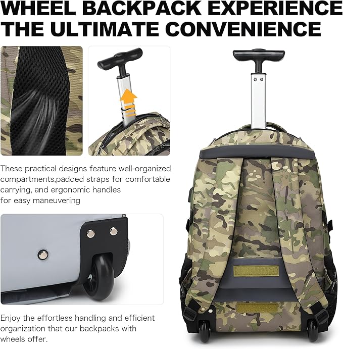 Boavan Rolling Backpack,17 inch Water Resistant Wheeled Backpack,Carry on Luggage Business Bag, Overnight College Computer Bag Trolley Suitcase for Men Women Adults to Travel