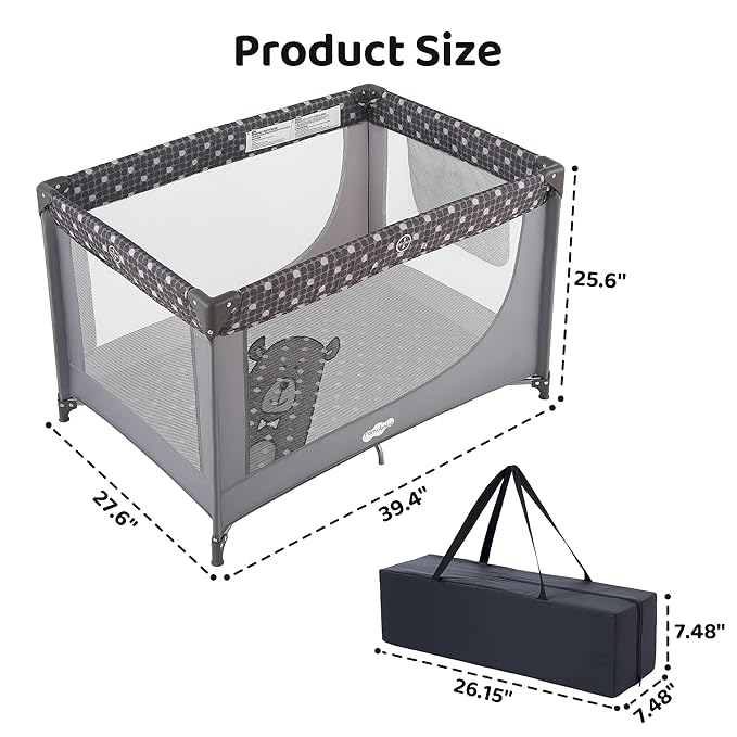 Pamo Babe Portable Crib Baby Playpen with Mattress and Carry Bag Grey