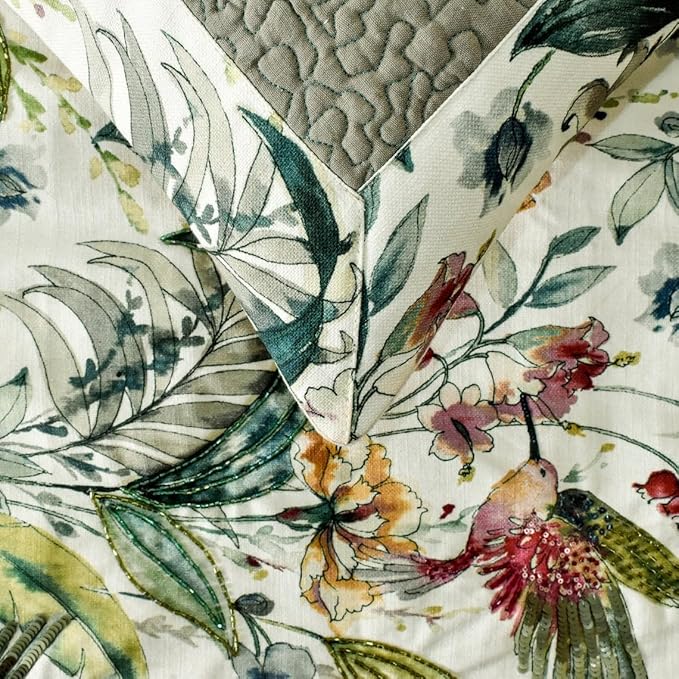 The HomeCentric King Queen Twin Ivory & Multi Designer Queen 74"x18" Bed Runner with 2 Pillow Cover, Bird, Sequins & Beaded Bed Scarf on Cotton Fabric - Exotic Birds