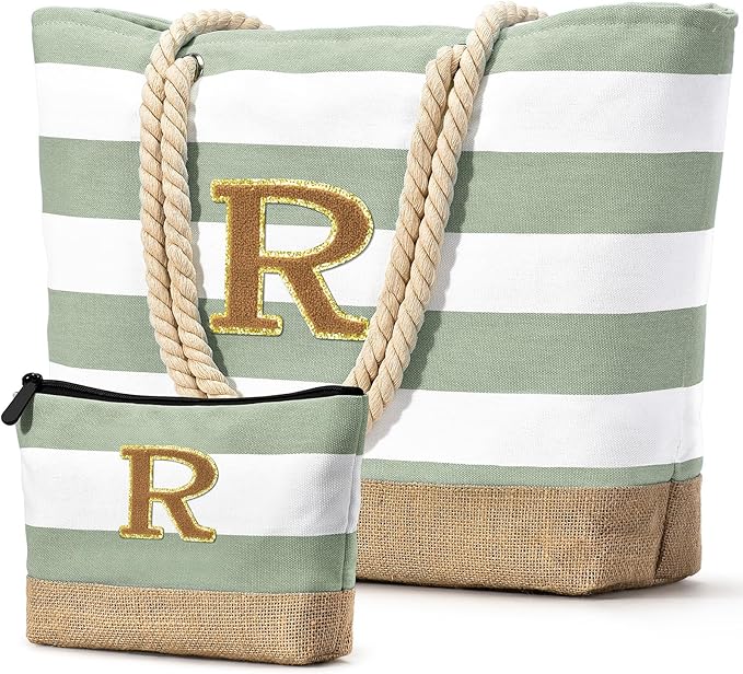 Becokan Beach Bag Initial Beach Tote with Makeup Bag for Travel Work Storage Personalized Birthday Gifts for Women Her