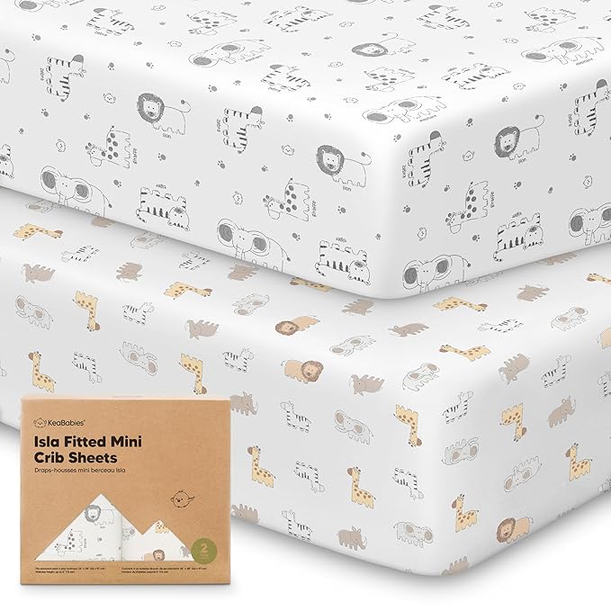 Pack and Play Sheets Fitted - 2-Pack Mini Crib Sheets for Pack N Play Mattress 38x26, Soft & Cozy, Neutral Toddler Playard Bedding, Snug Fitted Mini Baby Crib Mattress Cover Boy, Girl (KeaSafari)