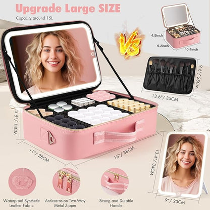 Large Travel Makeup Bag with LED Mirror, 3-Color Stepless Dimming Stand Mirror Detachable, with Adjustable Divider, Makeup Brush Holder Storage (Pink)