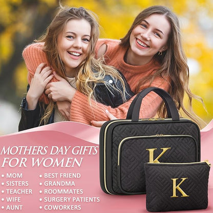 Gifts for Women, Initial Toiletry Makeup Bag Hanging Cosmetic Organizer with Embroidery Letter Personalized Nurse Teacher Appreciation Gift Birthday Christmas Gifts for Mom Sister Wife Friend Auntie
