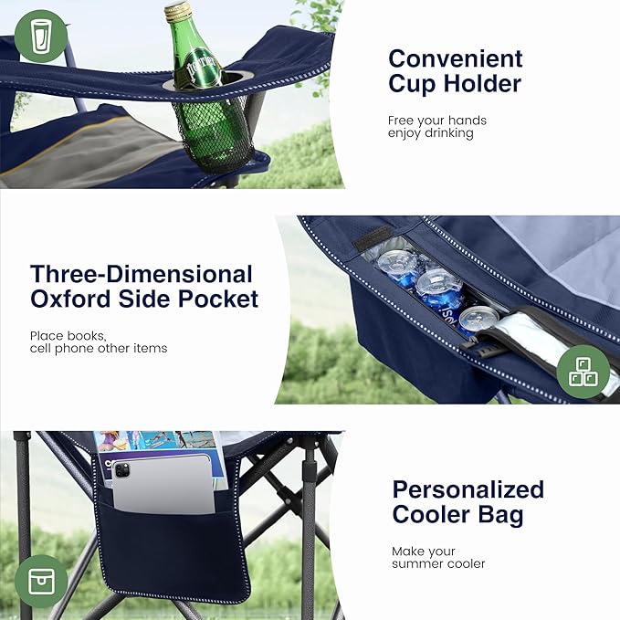 HIGH POINT SPORTS Oversized Portable Folding Camping Chair, Blue, 450 LBS Support, Sports Lawn Chair with Cup Holder and Cooler Bag