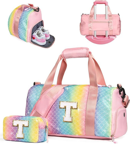 Easter Gifts for Teens Girls-Girl Gym Bag with Shoe Compartment, Kid Personalized Weekender Overnight Bags, Initial Travel Tote with Makeup Pouch, Gift for 3 4 5 6 7 Year Old Kids (Letter T)