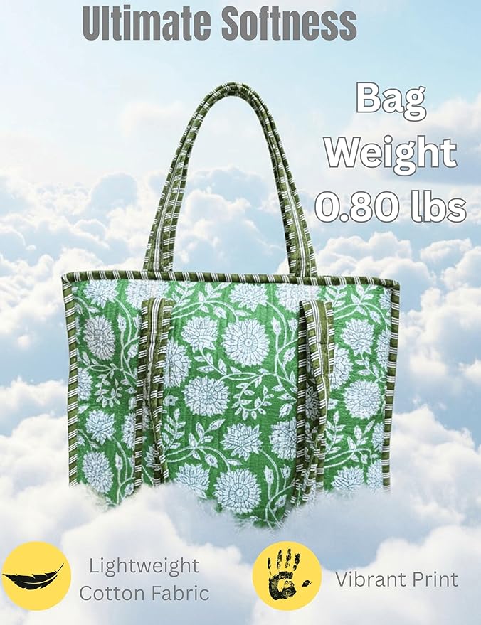 Cotton Quilted Tote Bag for Women – Large Beach & Travel Tote with Zipper, Reusable Grocery Bag