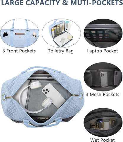Women Duffle Weekender Travel Bag: Large Duffel Bags with Shoe Compartment Carry On Overnight Tote with Wet Pocket Traveling Weekend Gym Yoga Hospital Bag for Womens Light Blue