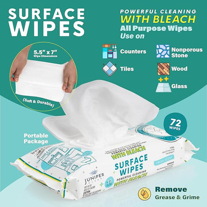 6 Pack Surface Cleaning Wipes with Bleach, All-Purpose Cleaner for Bathroom, Kitchen, Office, 72 Count Soft Flow, Fresh Scent, Lint Free & Durable