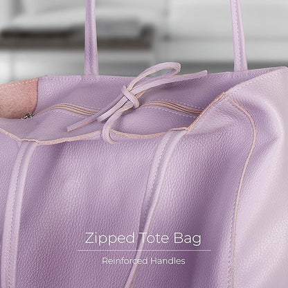 Italian Calf Leather Tote for Women with Zipper, Inner Pocket & Flat Base | Soft Unlined Shopper for Work & Travel