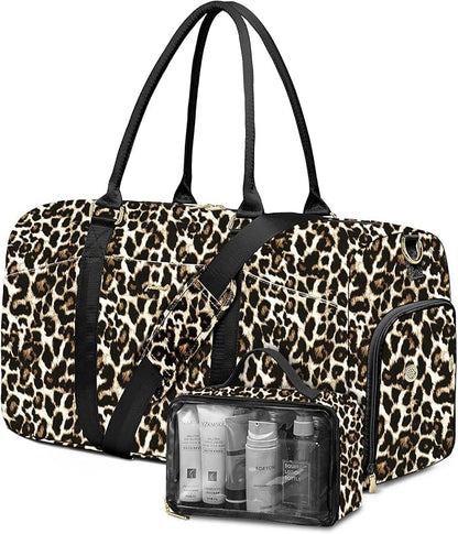 Women Duffle Weekender Travel Bag: Large Duffel Bags with Shoe Compartment Carry On Overnight Tote Bag with Wet Pocket Toiletry Bag Traveling Weekend Gym Yoga Hospital Bags for Womens Brown Leopard