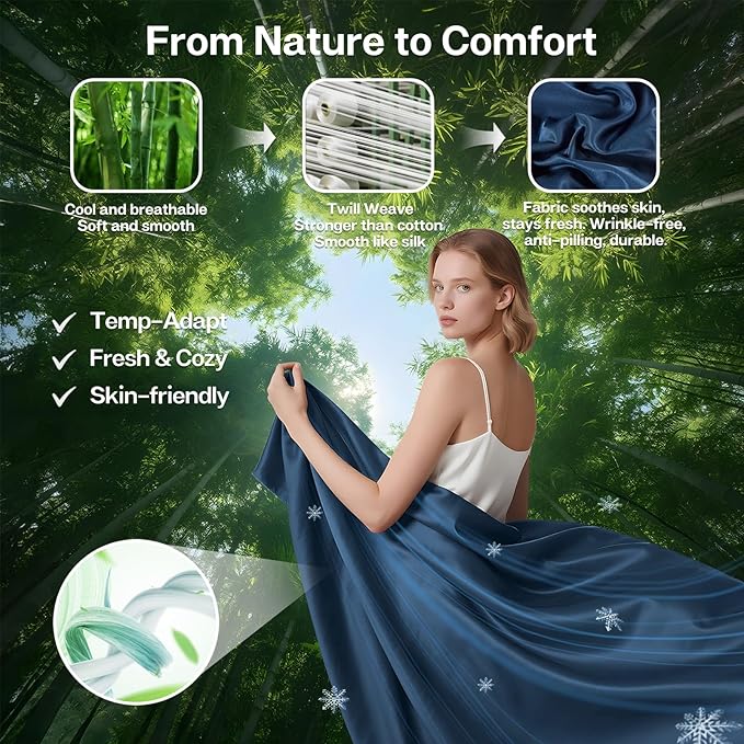 MR&HM California King Fitted Sheet, Ultra-Soft Rayon Derived from Bamboo & Polyester Blend, Silky & Breathable, 15" Deep Pocket with Elastic Straps, Cooling Fitted Sheet for Hot Sleepers, Navy Blue