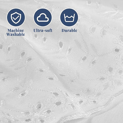 Queen Bed Skirt, Wrap-Around Elastic Ruffled Eyelet Bed Skirt Queen Size Dust Ruffle with Gathered Styling and Embroidered Details, 18" Drop Length (White)