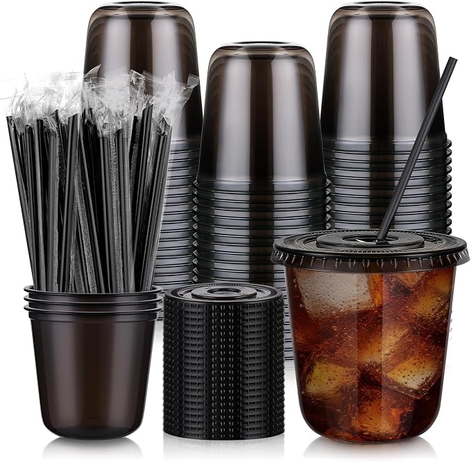 tchrules 100 Set 12oz Black Round Bottom Plastic Cups