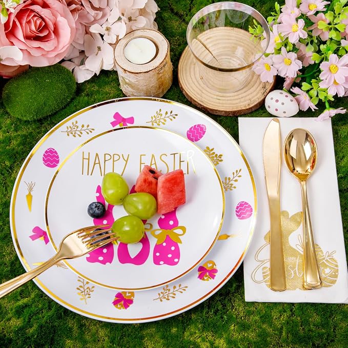 175 Pcs Easter Plates for Party | Bunny Design Disposable Dinnerware Set.