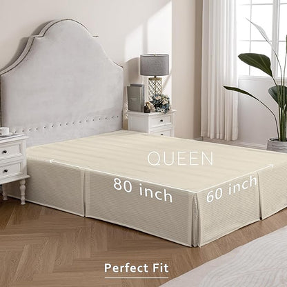 MIYE Pleated Waffle Weave Bed Skirt, Tailored Dust Ruffle 18 Inch Drop Easy Fit, Machine Washable,No Split Corners (Light Beige, Queen - 18" Drop)