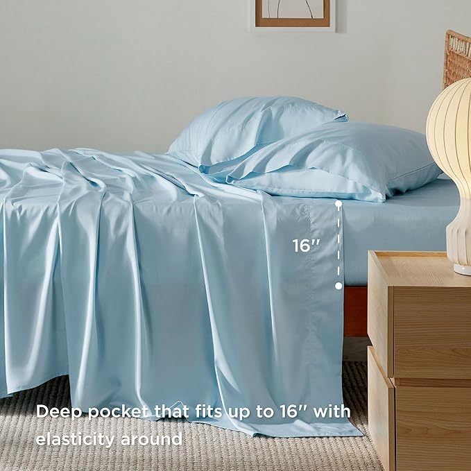 Bedsure Queen Sheet Set, Rayon Derived from Bamboo, Cooling Sheets, Breathable & Soft, Deep Pocket Up to 16 Inches, Hotel Luxury Silky Bedding for Hot Sleepers, Aqua
