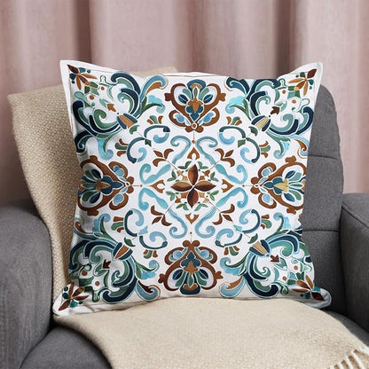 Vintage Boho Floral Print Throw Pillow Cover, Orange, Blue - Retro Rust Floral Decor Pillowcase, Indoor Outdoor Cushion Case for Sofa Couch Bed Living Room Bedroom Home (White&Blue, 18x18inch)