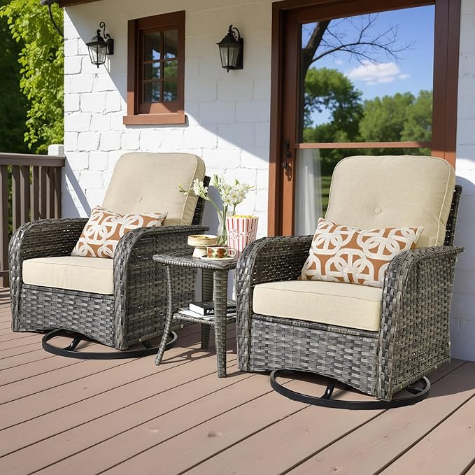 HOOOWOOO Patio Furniture Set,3 Pieces Outdoor Conversation Set,All Weather Wicker High Back Swivel Chairs Bistro Set with Side Table,Beige