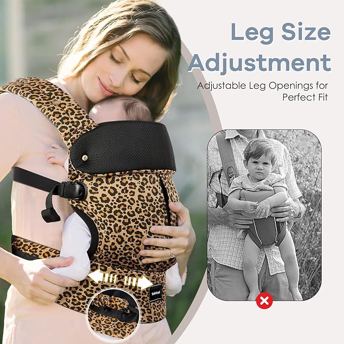 Baby Carrier with Lumbar Support, Cozy Baby Carrier Newborn to Toddler with Adjustable Seat Size, Ergonomic Infant Carrier with 3-Way Carry, Front Facing Toddler Hodler Carrier for Mom & Dad, Leopard