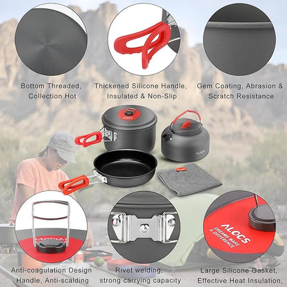 Alocs Camping Cookware Set - Lightweight Camping Cookware Mess Kit - Camping Pots and Pans Set - Camping Cooking Gear with Portable Carry Bag for Outdoor Backpacking Hiking and Picnic