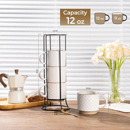 GBhome 12 OZ Stackable Coffee Mugs Set of 4, Ceramic White Coffee Cups Set |