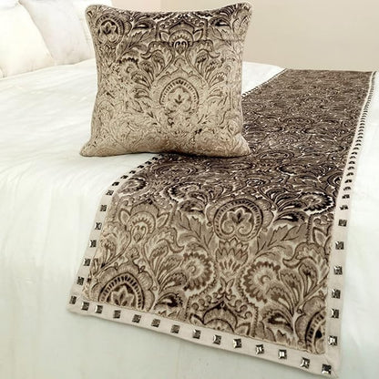 The HomeCentric King/Queen/Twin Beige Decorative Queen 74"x18" Bed Runner with 2 Pillow Cover, Velvet Damask & Crystal Border Bed Scarf on Velvet Fabric - Henriretta