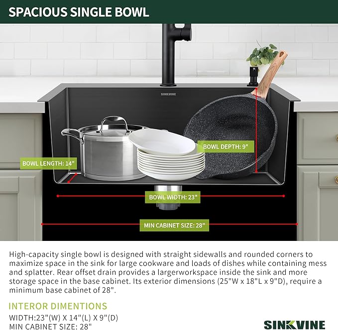 Black Kitchen Sink Drop-In 25 x 18 inch, SINKVINE PVD Nano Stainless Steel Outdoor Sink, Top Mount Large Deep Single Bowl Laundry Basin, w/Drain Strainer, Bottom Grid, Roll-up Drying Unit, Dark Gray