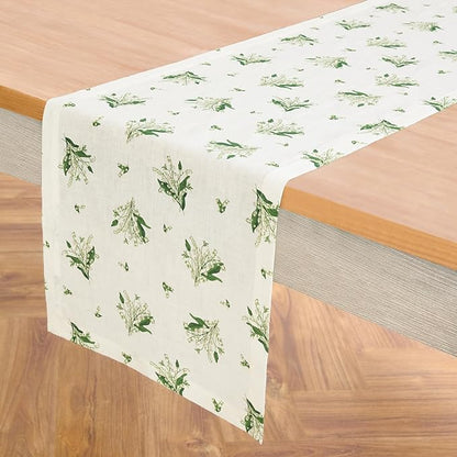 Solino Home Lily Floral Print Table Runner 108 Inches Long - 100% Pure Linen Table Runner 14 x 108 Inch - Lily of The Valley/Off White Print