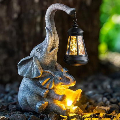 Solar Garden Statue Lights Loving Elephants Figurine