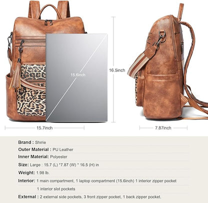 Shrrie 15.6 inch Laptop Backpack for Women,Large Leather Purse,Travel Backpacks Carry on,Water Resistant Casual Laptop Backpacks,College Backpack,Work Backpack for Women,Two-tone Camel Brown