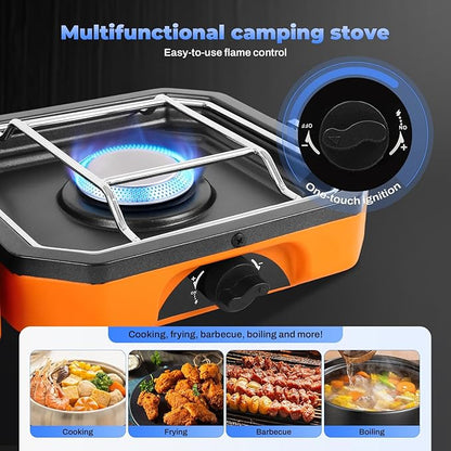 Adjustable 2-Burner Portable Stove with 16000 BTU, with Camping Grill and Carrying Bag, Portable Propane Camp Stove with 2 Burners & Piezo Ignition for Camping, Backyard BBQ,Tailgating (Orange)