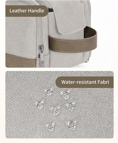 WANDF Toiletry Bag for Men Travel Toiletry Organizer Canvas and Leather Dopp Kit Water-Resistant Shaving Bag for Travel Accessories (Cream Beige, Large)