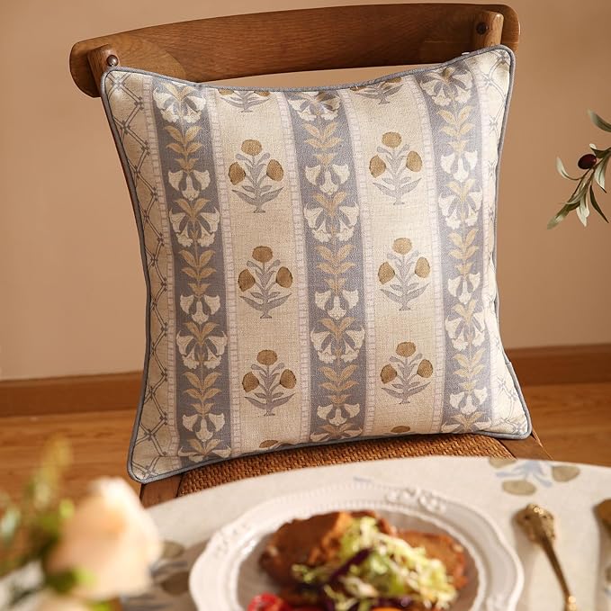 patdrea Designer Square Throw Pillow Covers Set of 2,Rustic Linen with Elegant Grey Blue Floral Pattern Pillows Cover,Decorative Pillowcases Cushion for Bed Living Room Outdoor Car,18 x18 Inches