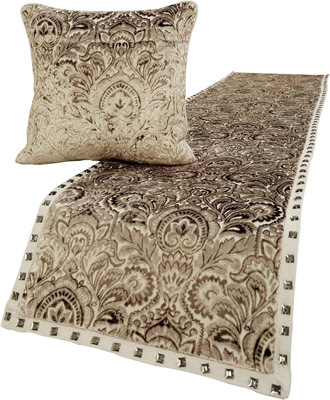 The HomeCentric King/Queen/Twin Beige Decorative Queen 74"x18" Bed Runner with 2 Pillow Cover, Velvet Damask & Crystal Border Bed Scarf on Velvet Fabric - Henriretta